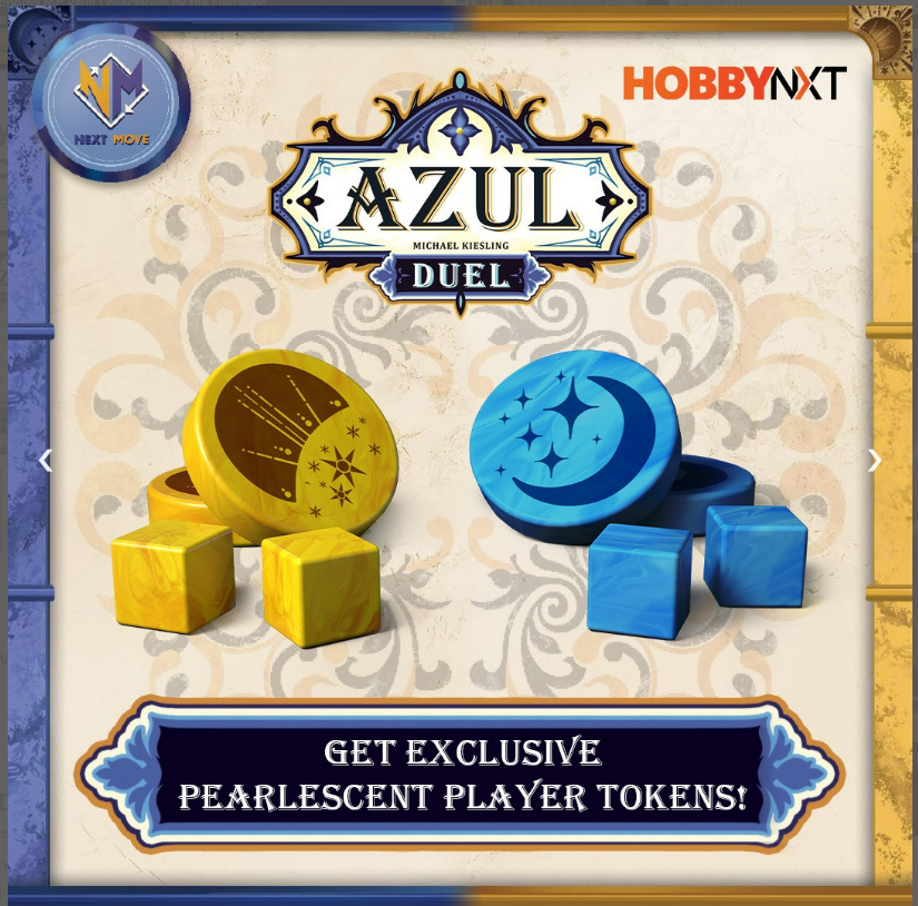Promotional graphic for the board game Azul Duel by Michael Keeble, featuring gold and blue player tokens on a decorative cream background with HobbiesNXT branding.