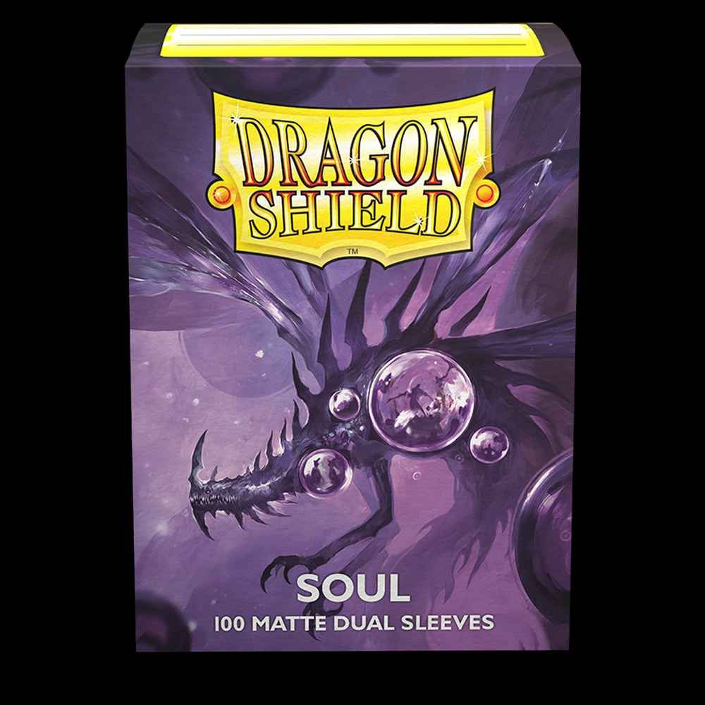 Dragon Shield card sleeves packaging with a purple dragon design on a black background