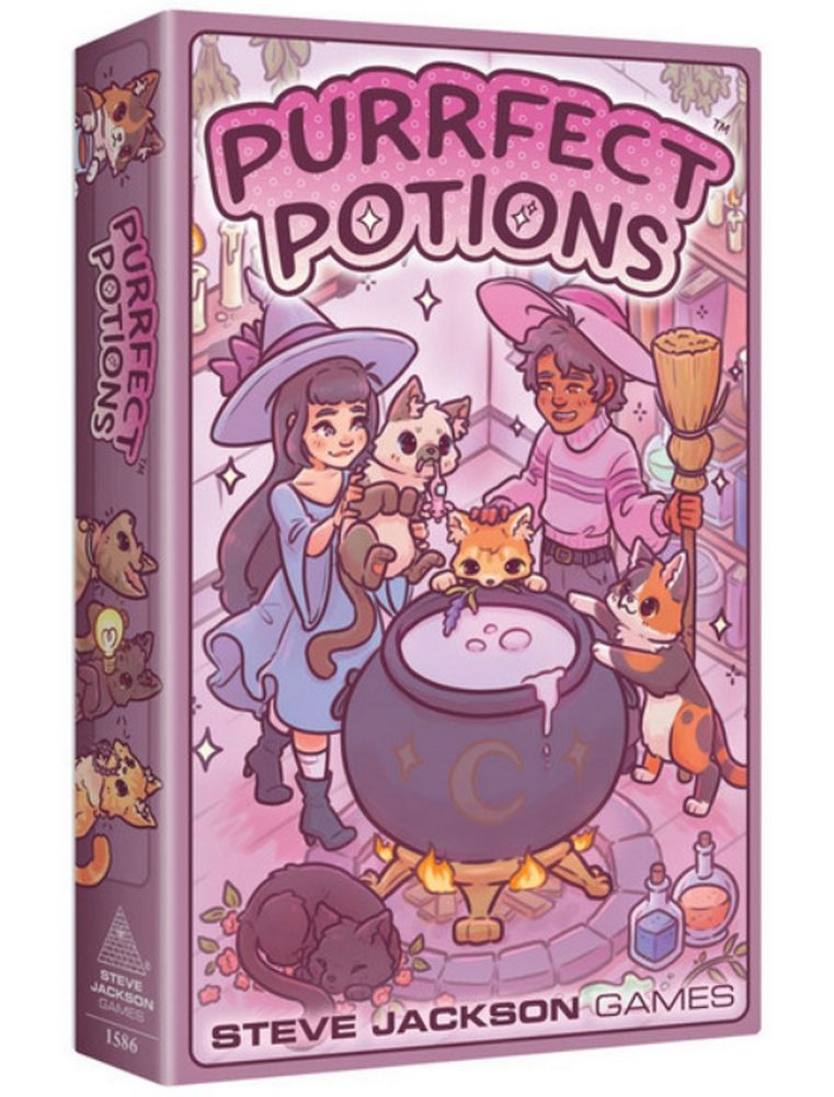 Box for 'Purrfect Potions' game by Steve Jackson Games with cartoon characters and cats around a cauldron.