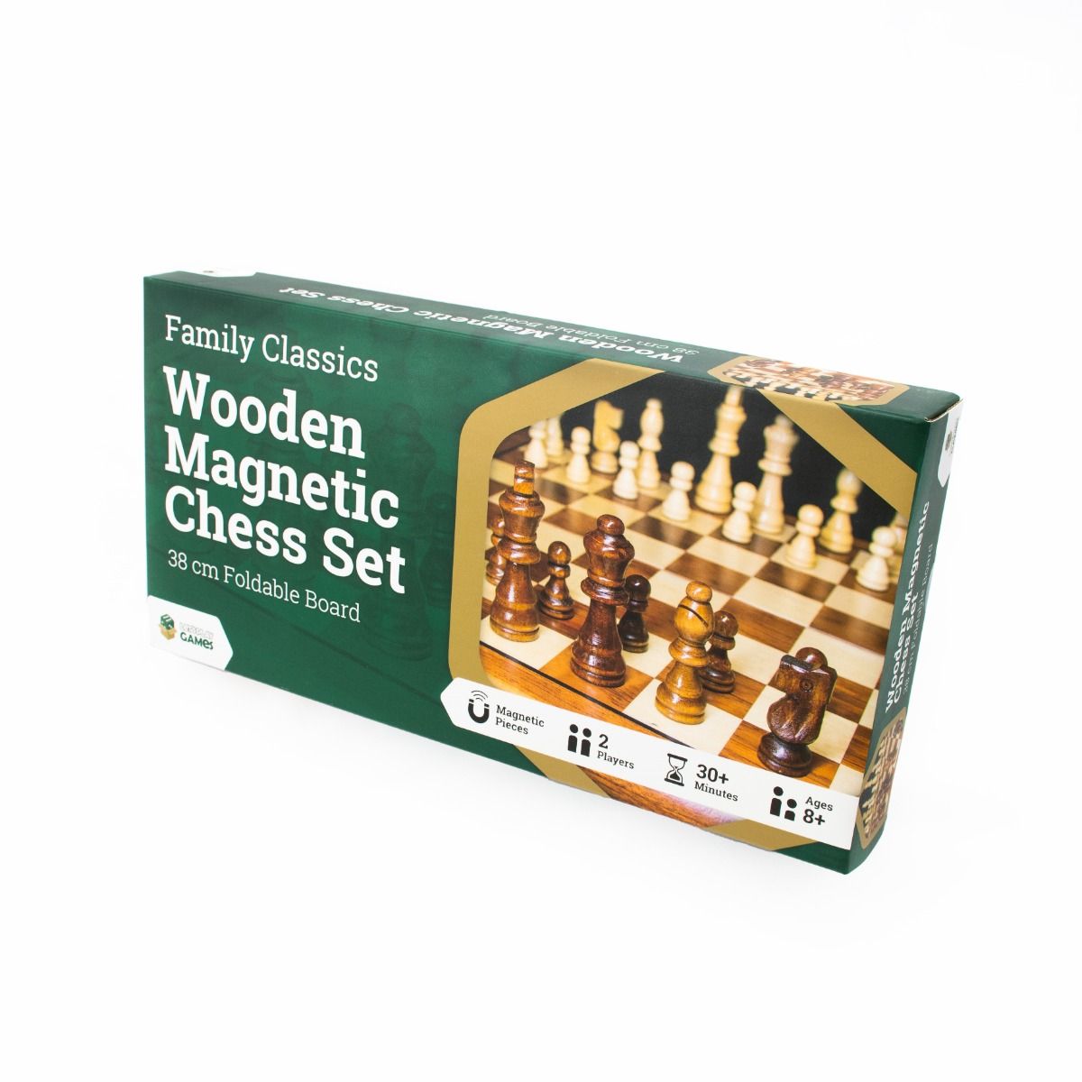Box of a wooden magnetic chess set with chess pieces and board on a white background