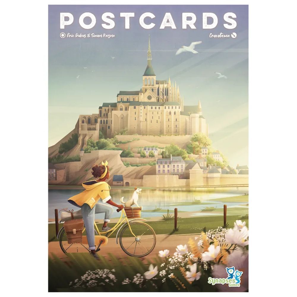 Cover of a board game titled 'Postcards' with an illustration of a person on a bicycle near a scenic landscape.