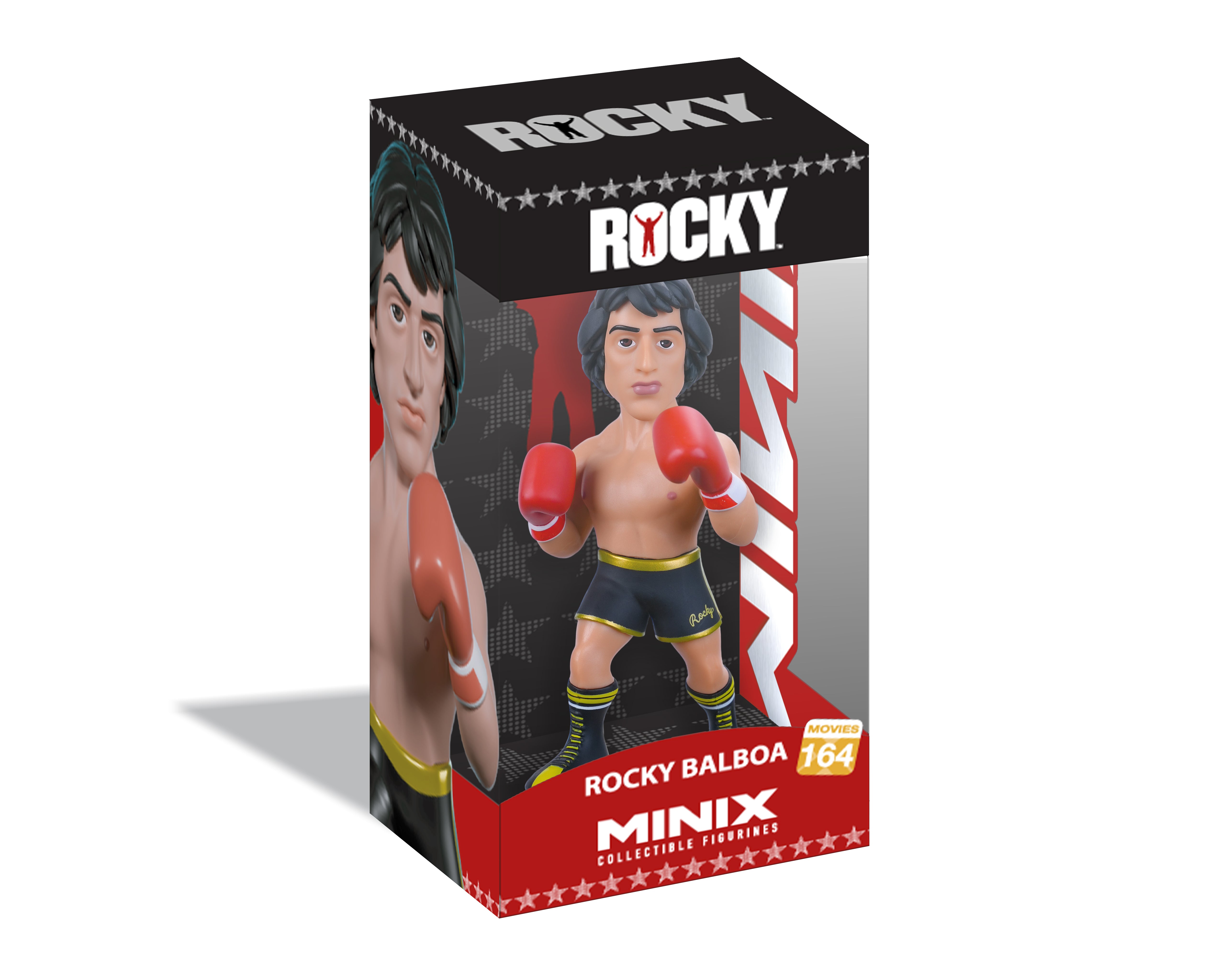 Black and red Minix branded box with clear window. Inside box is shirtless Rocky Balboa figure, with red boxing gloves, black shorts and sneakers. 