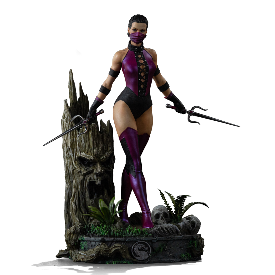 Statue of a character in a purple and black outfit with a weapon, standing next to a tree stump with a face.