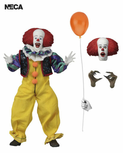 Action figure of a clown with an orange balloon and interchangeable parts on a white background.
