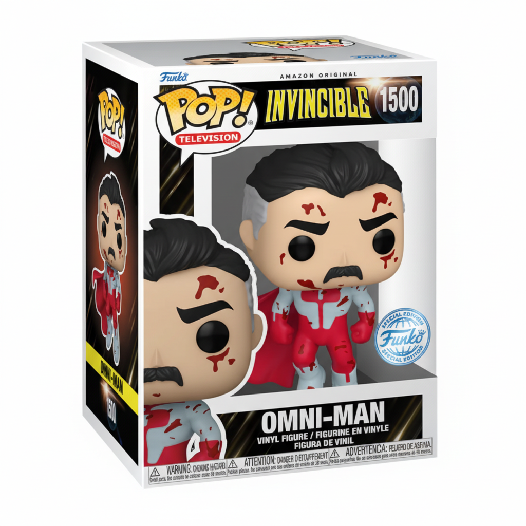 Funko Pop! vinyl figure packaging for Omni-Man from Invincible, featuring the Funko logo and product details.