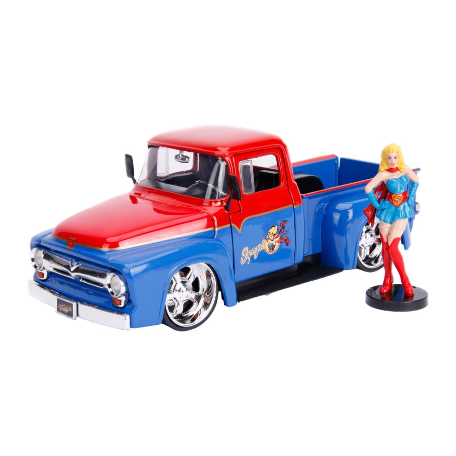 Model truck with a figure of a superhero character on a white background