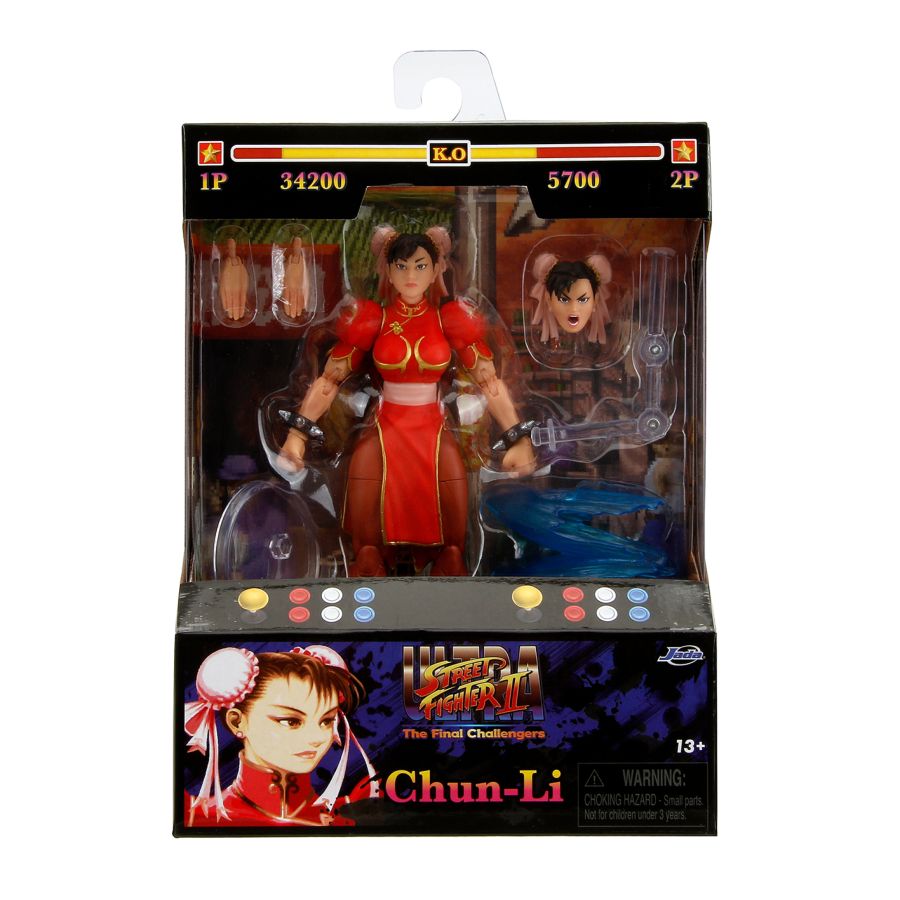 Packaged figure of Chun-Li from Street Fighter II on a white background