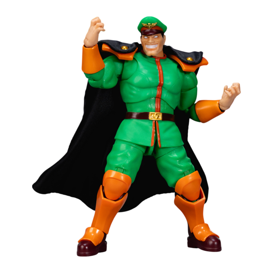 Street Fighter Action figure in green and orange costume with cape on a white background