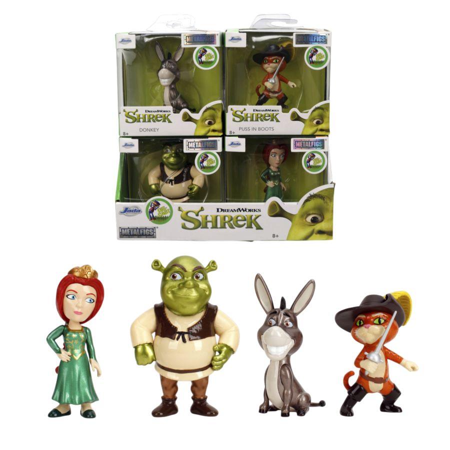 Shrek action figures with packaging on a white background