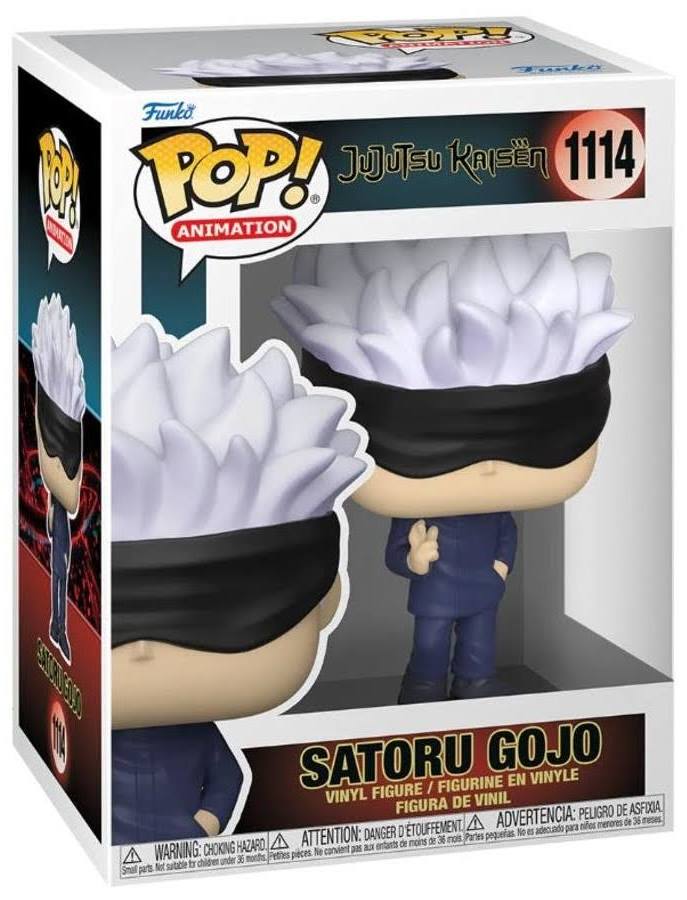 Funko Pop! vinyl figure packaging of Satoru Gojo from Jujutsu Kaisen, with visible Funko logo and product details. Jujutsu Kaisen Gojo Pop! Vinyl.
