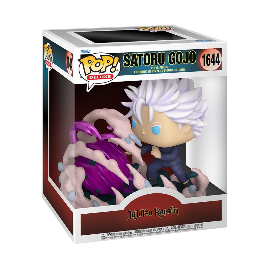 Funko Pop! Satoru Gojo figure in packaging, posed and ready to fight. Jujutsu Kaisen Saroru Gojo using Hollow Technique: Purple Pop! Deluxe.