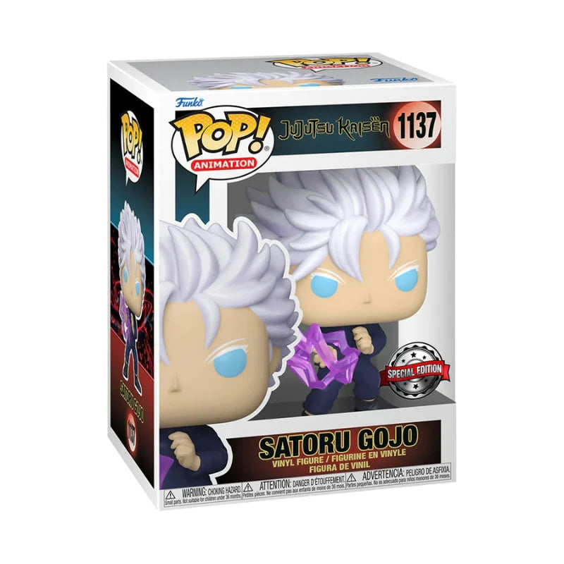 Funko Pop! vinyl figure of Satoru Gojo with white hair and blue eyes, featuring the Funko logo. Jujutsu Kaisen Gojo (Hollow Purple) US Exclusive Pop! Vinyl