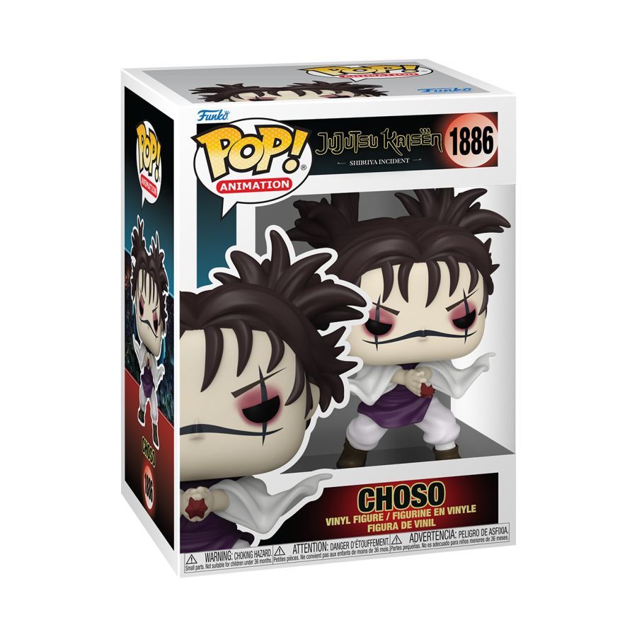 Funko branded packaging with clear window. Inside box is Choso Action Figure from Jujutsu Kaisen. He has facial scaring along his nose and eyes, as well as a purple and white robe. 