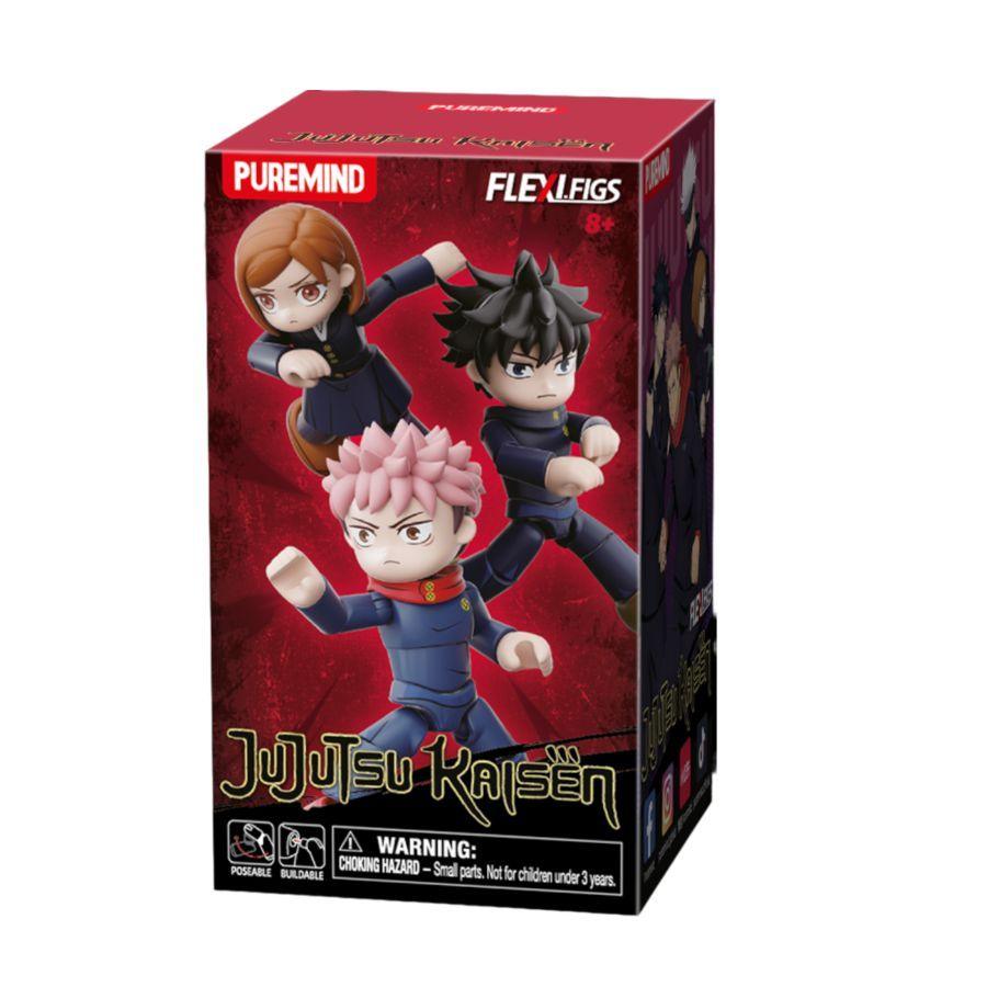 Red Jujutsu Kaisen branded packaging with pink haired character, black haired character and another character with a  brown bob.