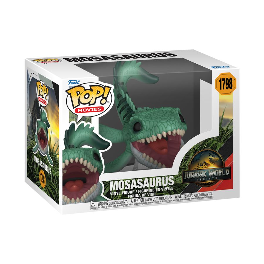 Jurassic World (2025) - Mosasaurus Pop! Vinyl. A Green mosasaurus in Funko packaging posed with it’s open jaws.