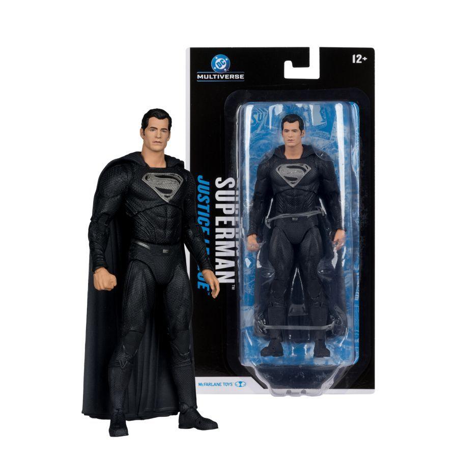 Black DC branded packaging with clear window, inside box is superman figure, with black skin tight suit and cape.