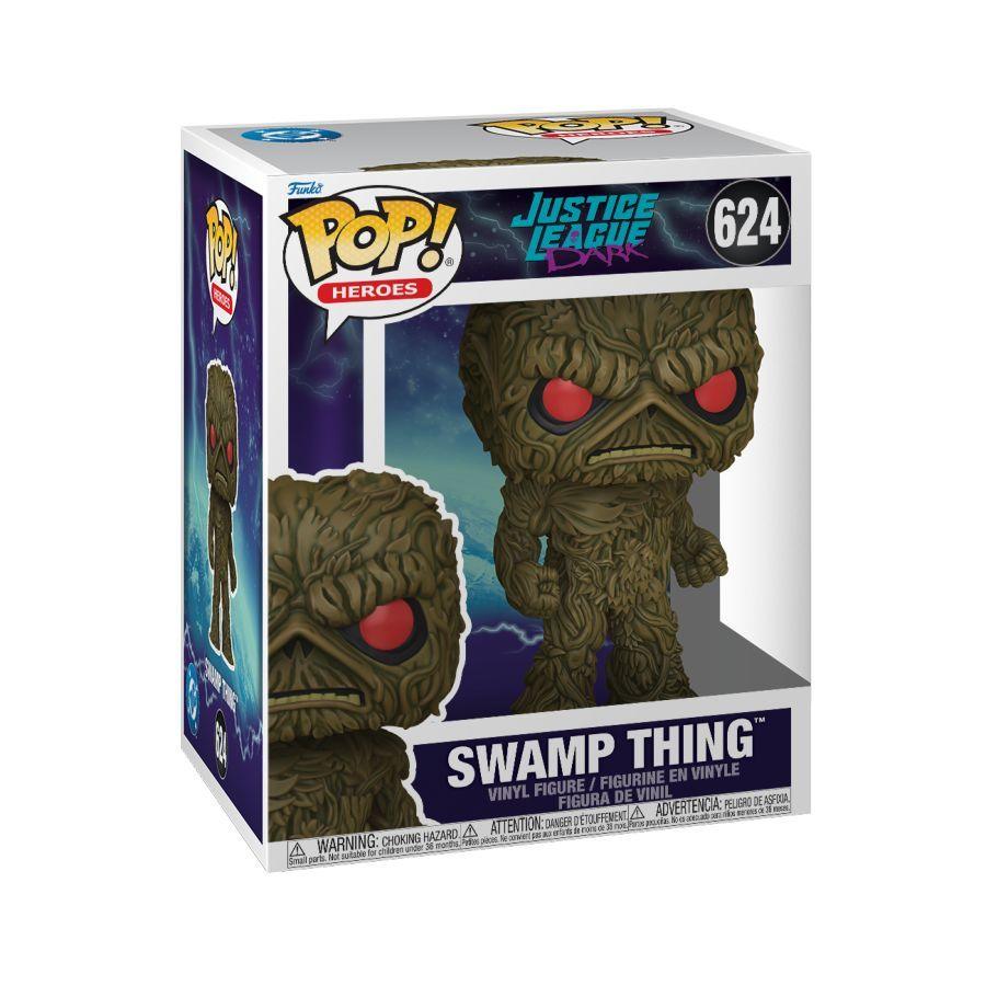 Funko Pop! Swamp Thing figure packaging with Justice League logo. Justice League Dark (2017) – Swamp Thing 6″ Pop! Vinyl.