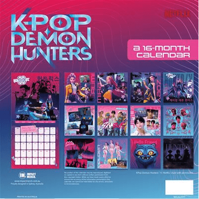 K-Pop Demon Hunters calendar with character illustrations on a blue and pink background