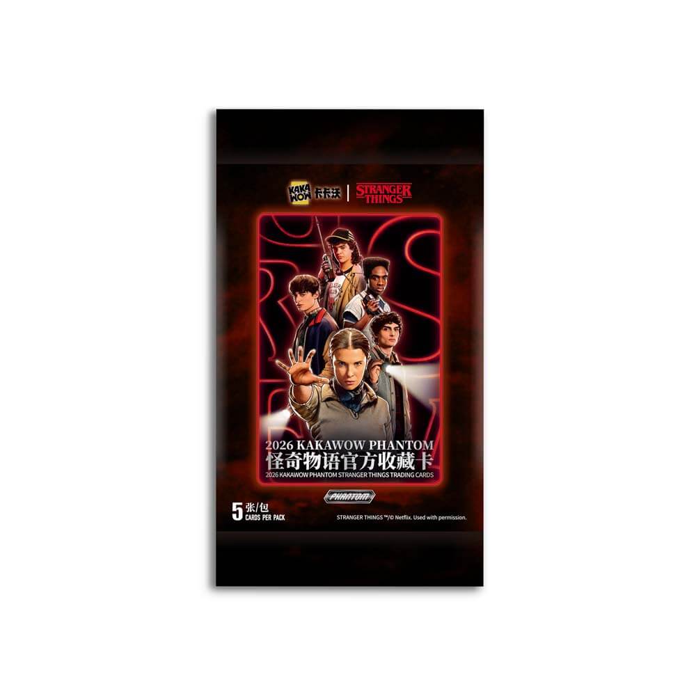 A sealed card pack for the 2026 KAKAWOw PHANTOM x Stranger Things collaboration, featuring character artwork from Stranger Things on the front, with Chinese text and a black background.