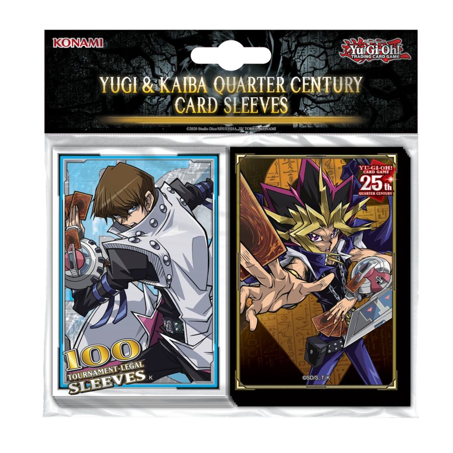 Konami Yu-Gi-Oh! card sleeves packaging with two character illustrations on a white background.