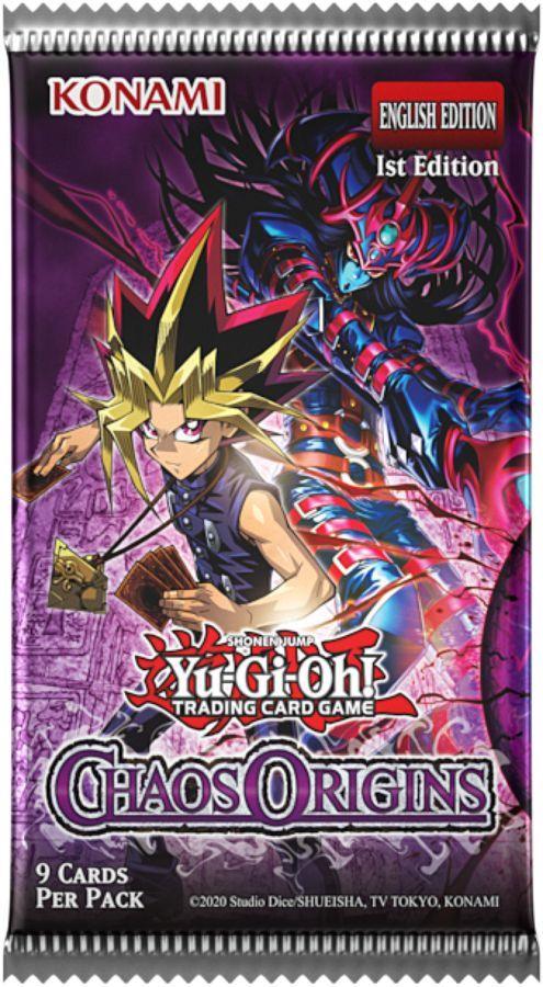 Yu-Gi-Oh! Trading Card Game Chaos Origins packaging with character illustration on a purple background