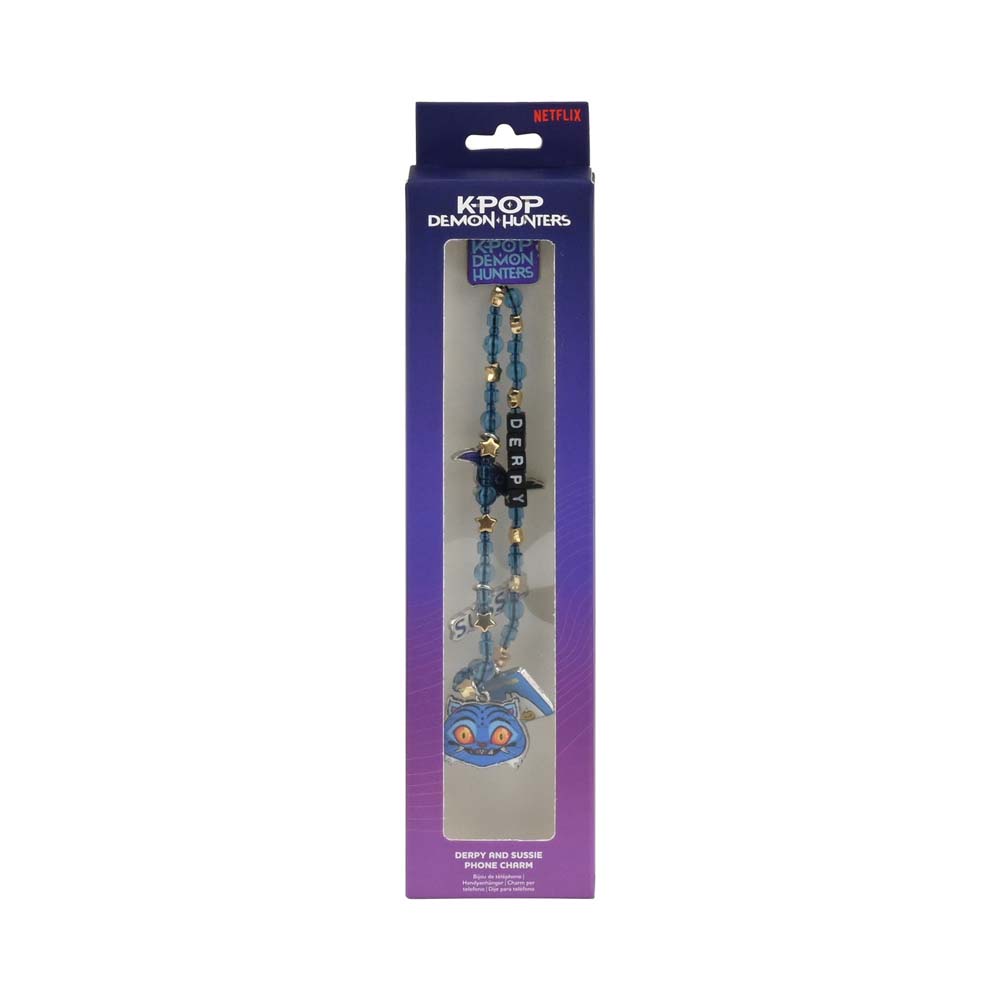 Kpop Demon Hunters branded packaging with clear window, inside box is plastic beaded phone strap with metal character themed charms.