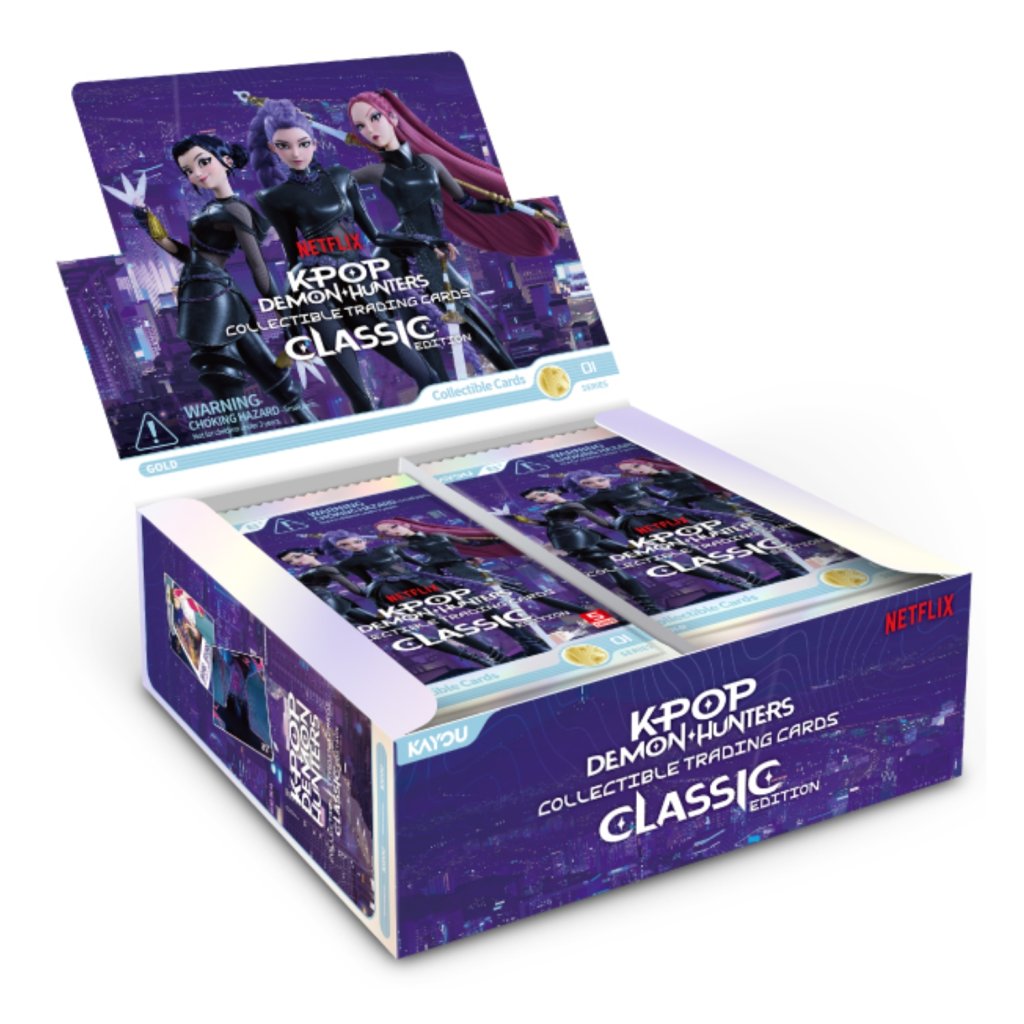 K-Pop Demon Hunters Collectible Trading Cards Classic Edition display box with multiple booster packs inside, featuring purple artwork and visible Netflix branding.