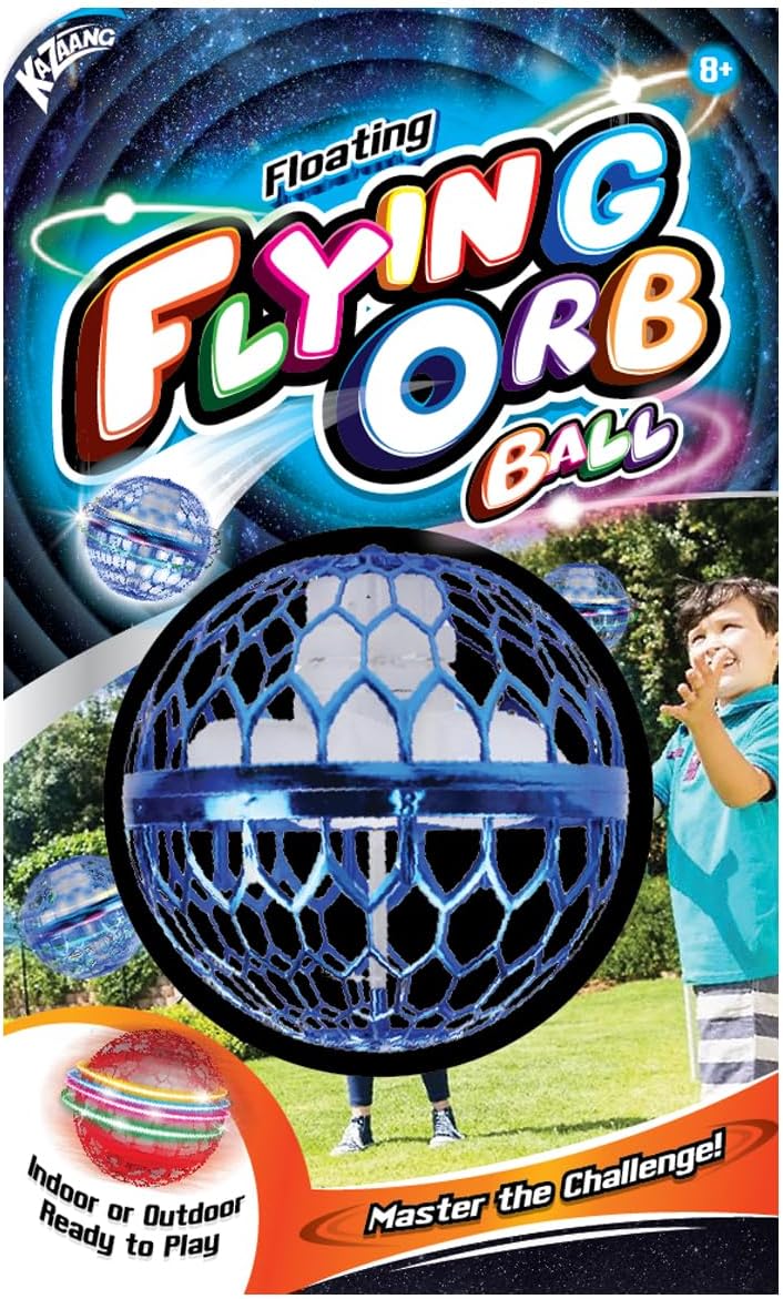 Kazaang - Floating Flying Orb Ball. A metallic blue floating orb in plastic packaging. 