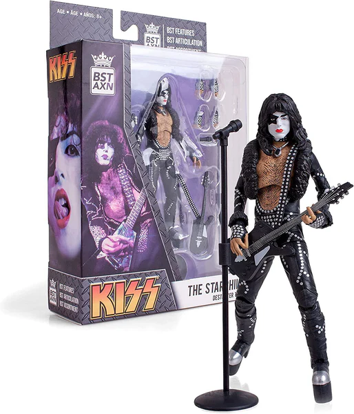 KISS branded packaging with clear window. Action figure, guitar and changeable hands/ accessories are visible. 
