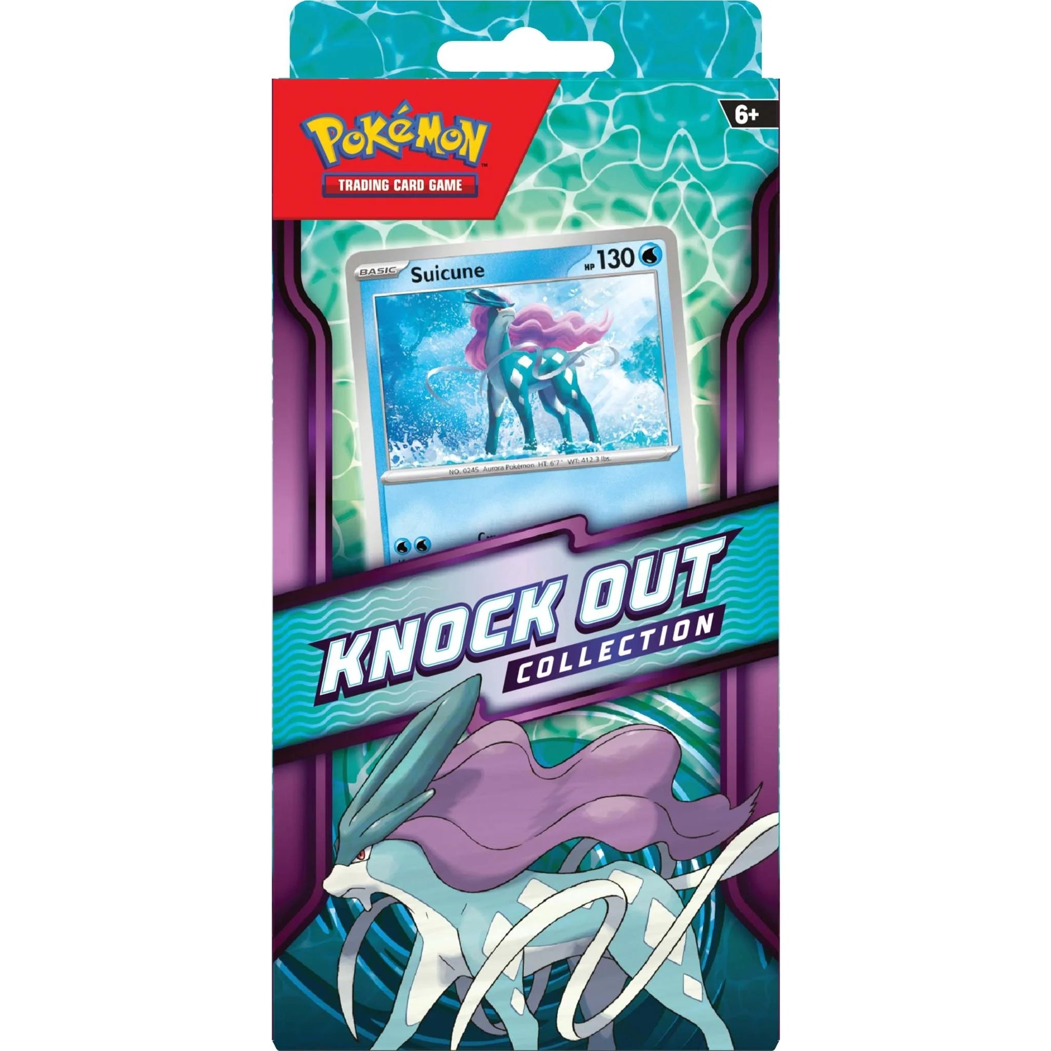 Pokémon trading card game packaging with Suicune card on a white background. Pokémon Knockout collection - Suicune
