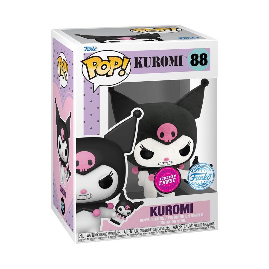 Funko Branded packaging with clear window. Kuromi is inside box holding a Kuromi phone. 