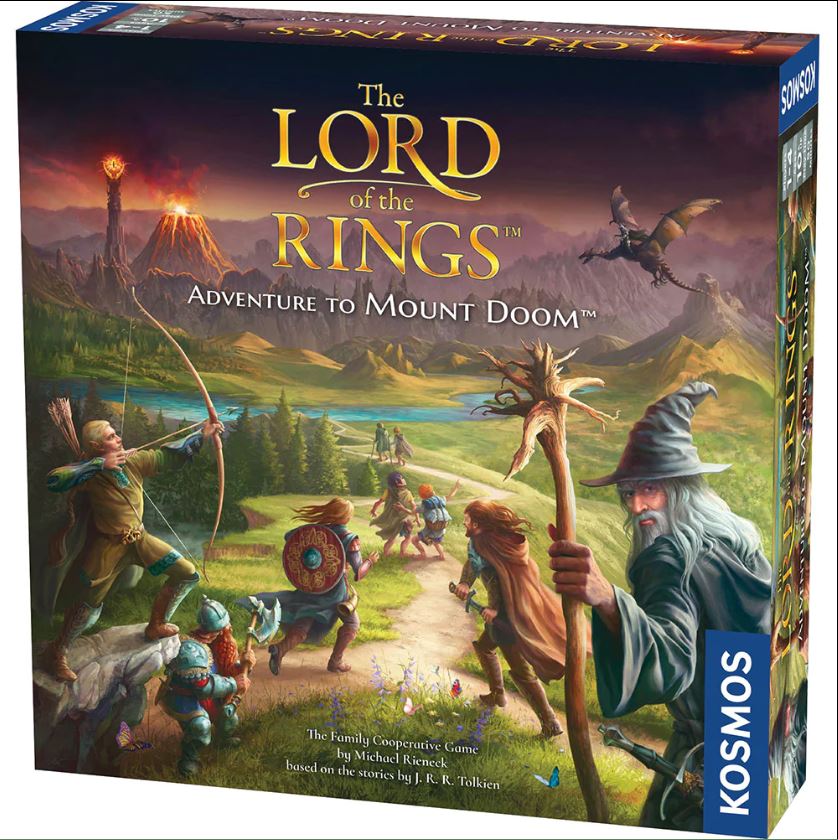 Board game box for 'The Lord of the Rings: Adventure to Mount Doom' by Kosmos with characters and landscape illustration.