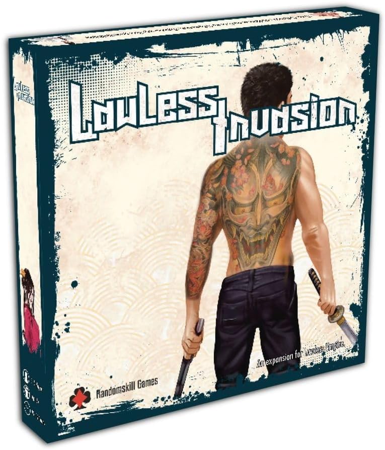Board game box titled 'Lawless Invasion' with a person holding weapons on the cover.
