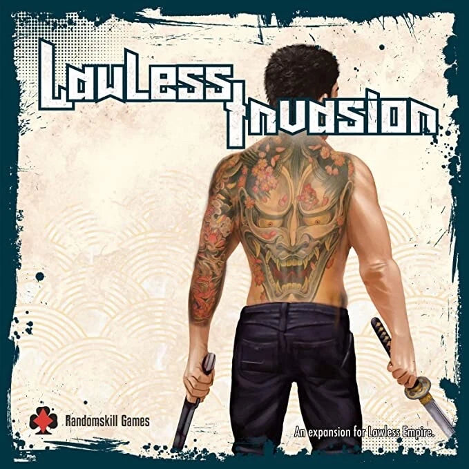 Game box for 'Lowless Invasion' by Randomskill Games featuring a person with tattoos holding knives.