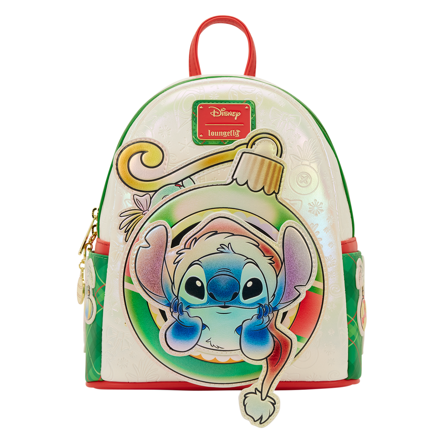 Image has a white background with Christmas themed stitch bag at forefront. Cover of bag features Stitch, with red Christmas hat and Christmas bauble behind him. Main colours of the bag are cream, red and green. 