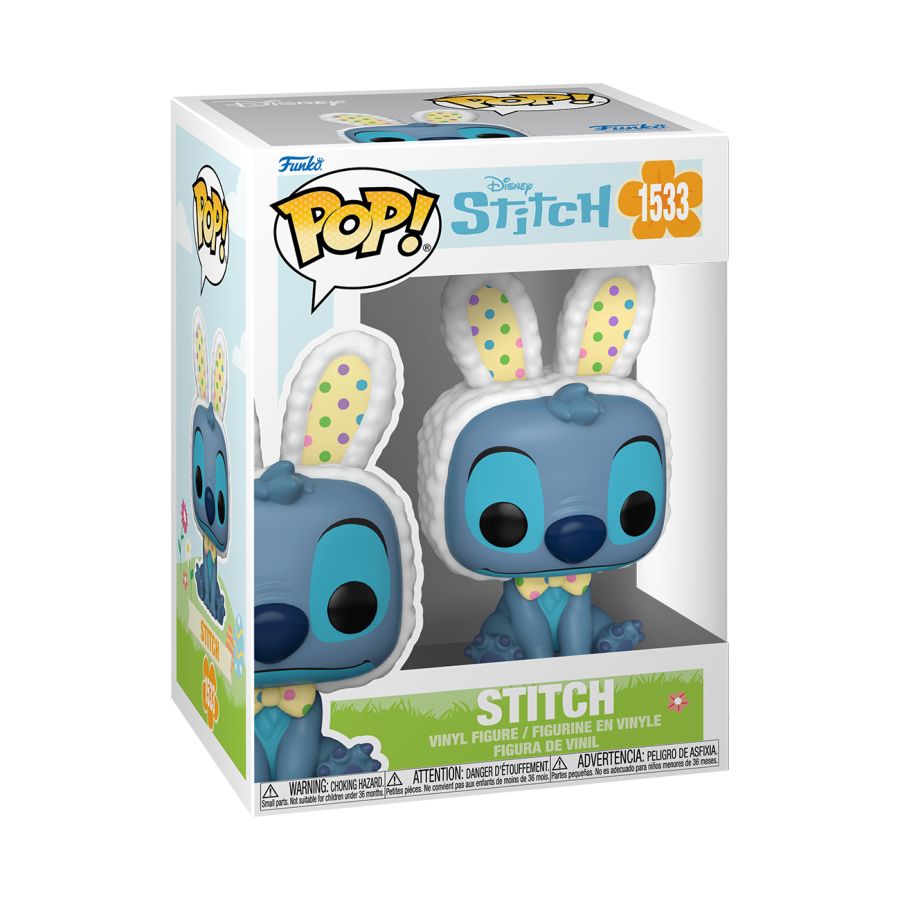 Stitch Action Figure, from Disney’s Lilo and Stitch, with polka dot bow tie and Easter themed ears. Stitch - Easter Pop! Vinyl.