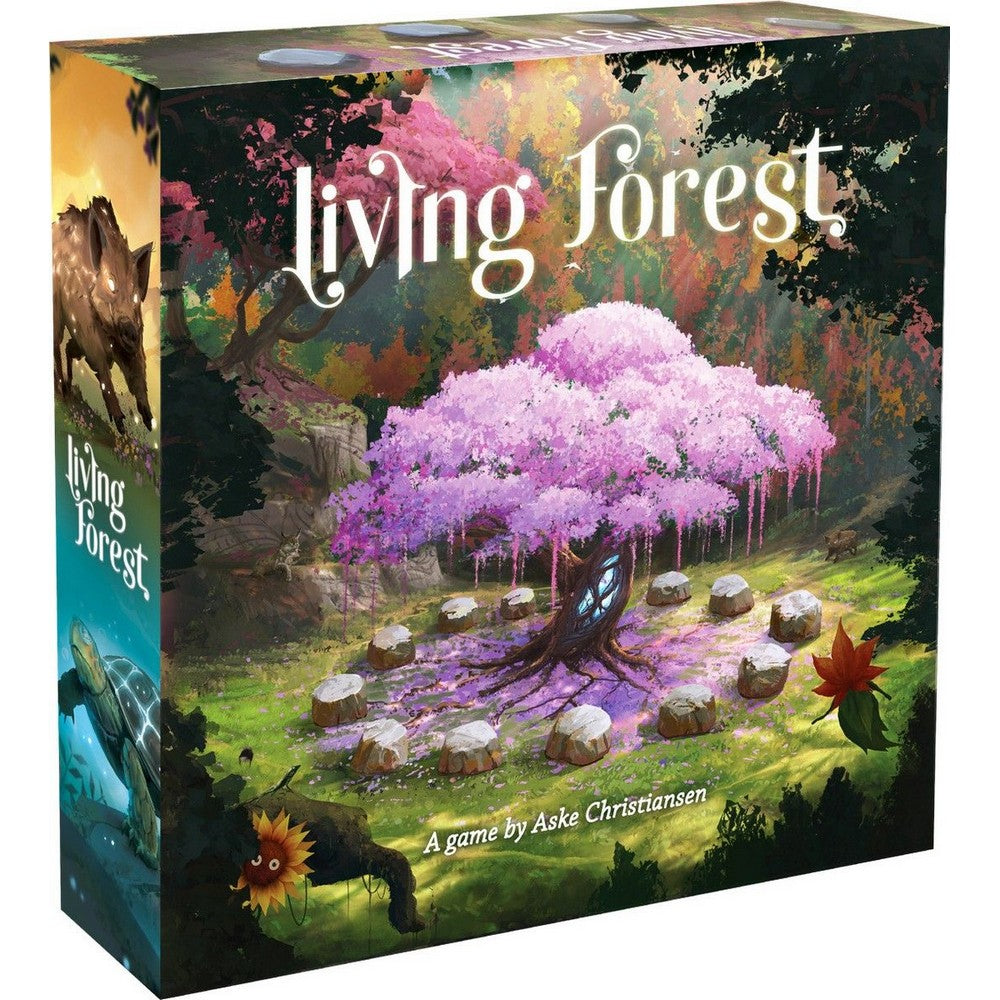 Board game box titled 'Living Forest' with colorful forest design and tree illustration.