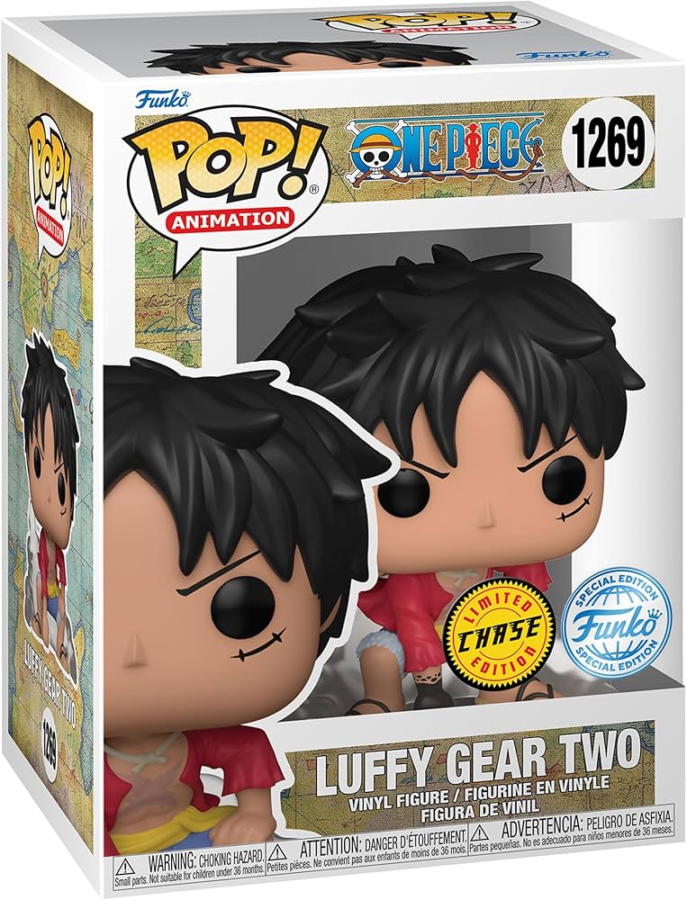 Funko Branded Packaging with clear window. Luffy figure is inside sitting on a rock or cloud. Luffy Gear Two (Chase) Pop! Vinyl