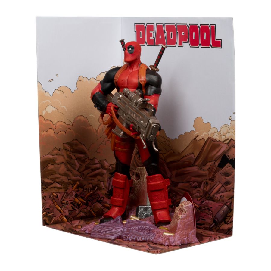 Deadpool action figure in front of a cardboard backing with 'Deadpool' branding.