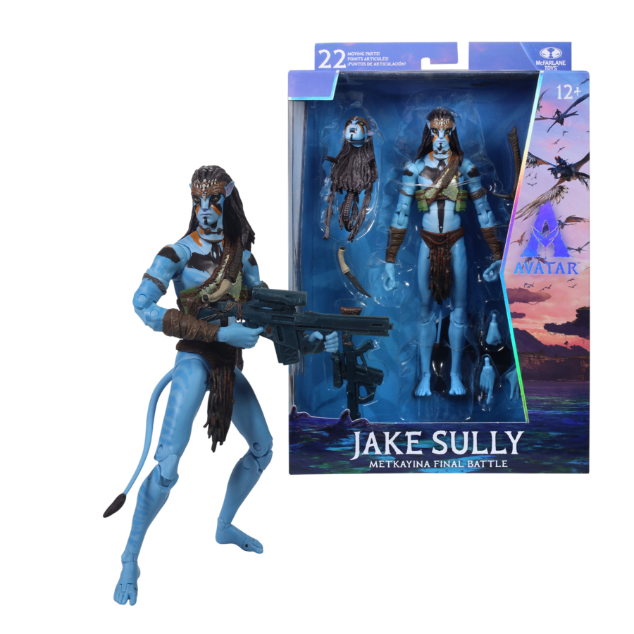 Blue-skinned action figure with a gun next to its packaging