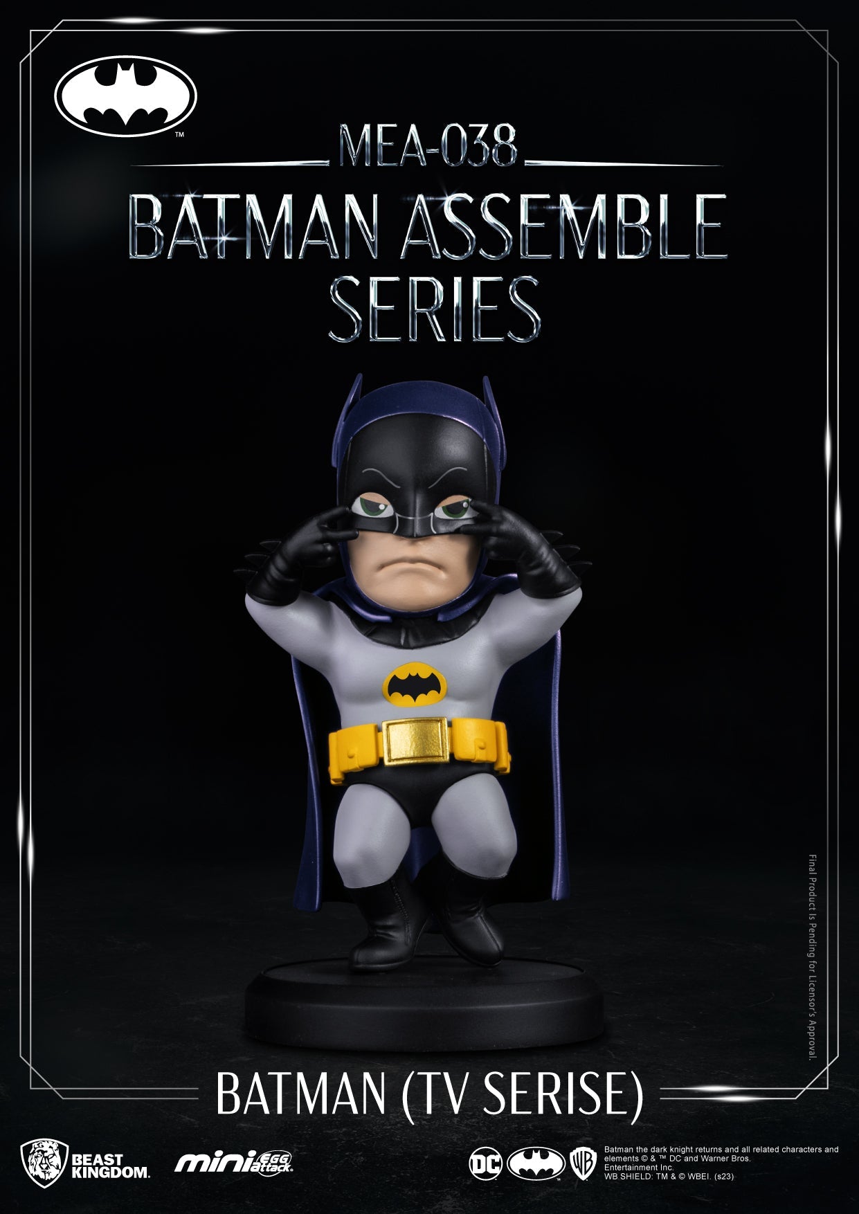Batman figurine from the TV series in a display case with branding and product details.