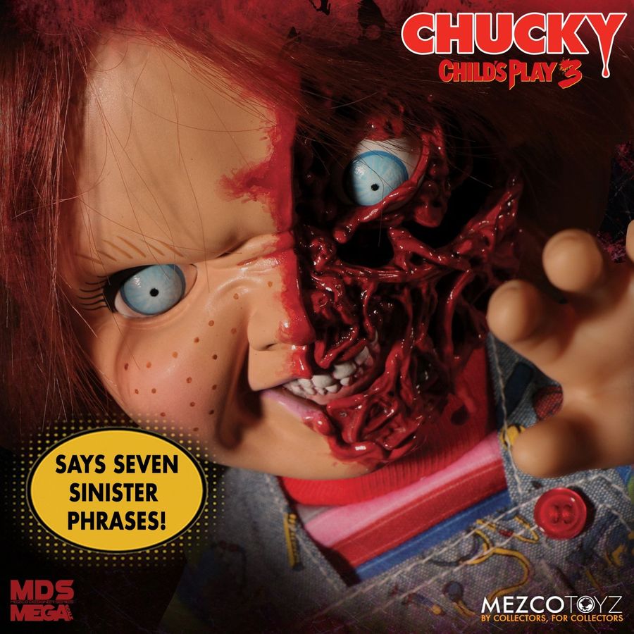 Horror doll with red hair and blue eyes, showing inner mechanism, from 'Child's Play 3' with promotional text.