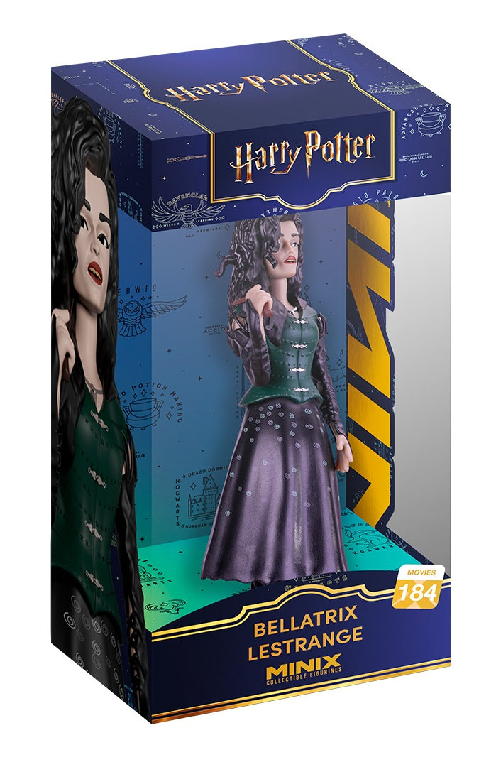 Harry Potter Minix Bellatrix Lestrange 1/12 scale action figure in its original blue and gold packaging, featuring a detailed bustle display.