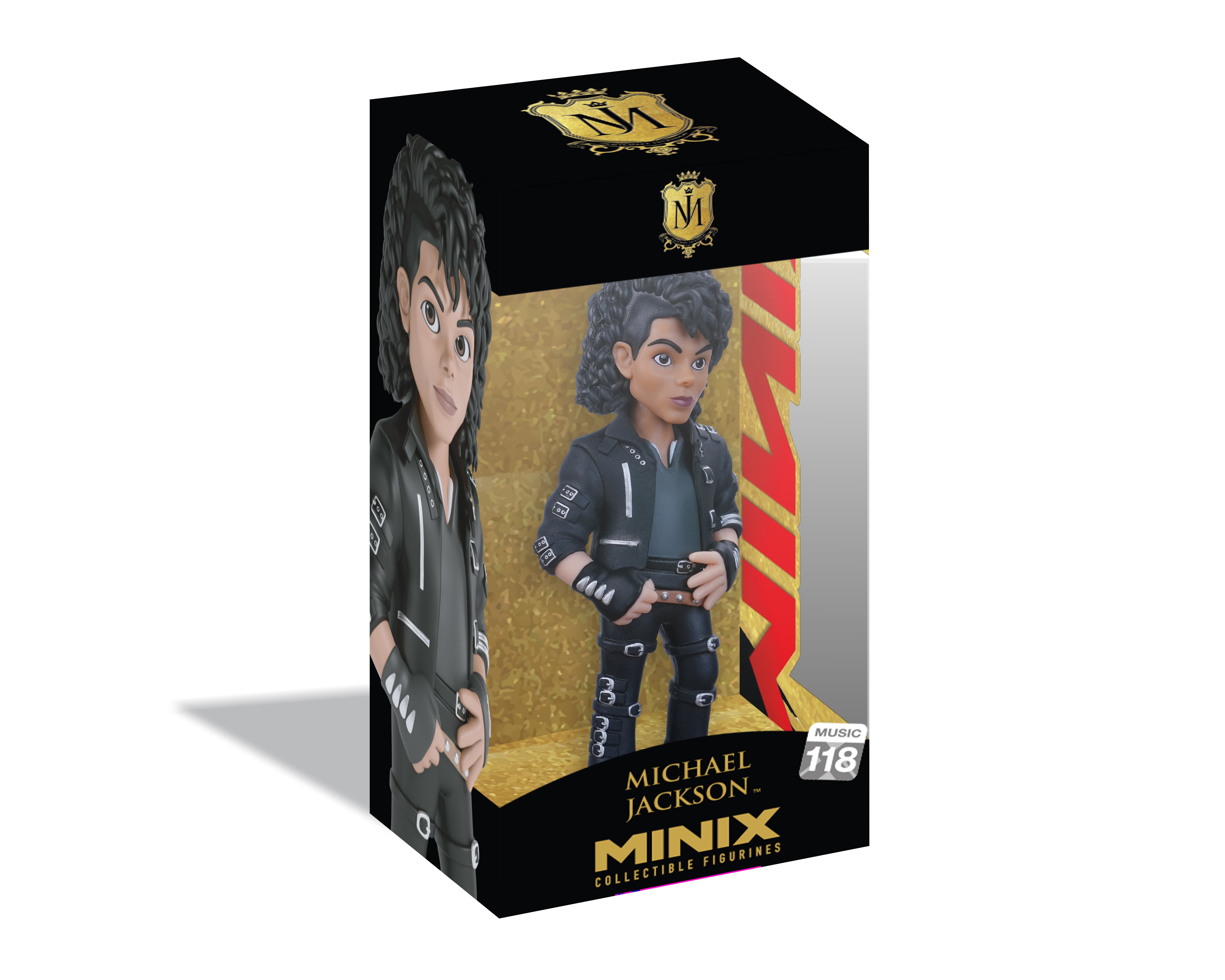 Michael Jackson Minix collectible figure in its original black and gold packaging box, featuring a clear window displaying the figure and character art on the side.