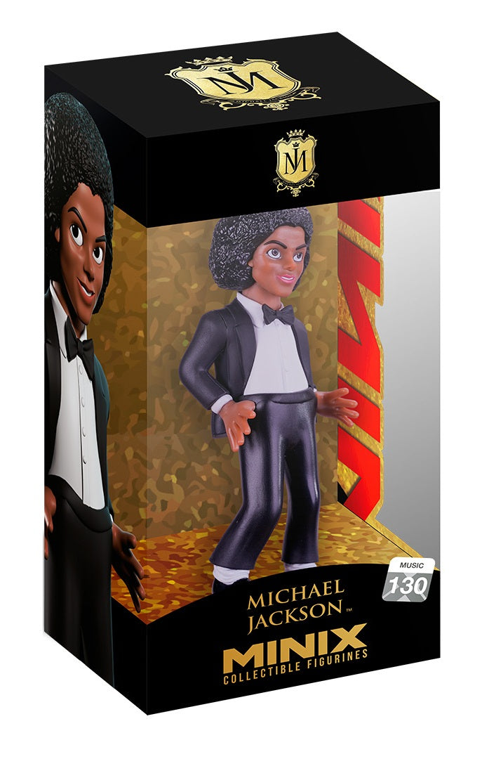 Michael Jackson Minix Collectible Figurines figure in its original retail packaging. The black box features gold accents, a gold patterned backdrop, and an illustration of Michael Jackson in a tuxedo on the left side.