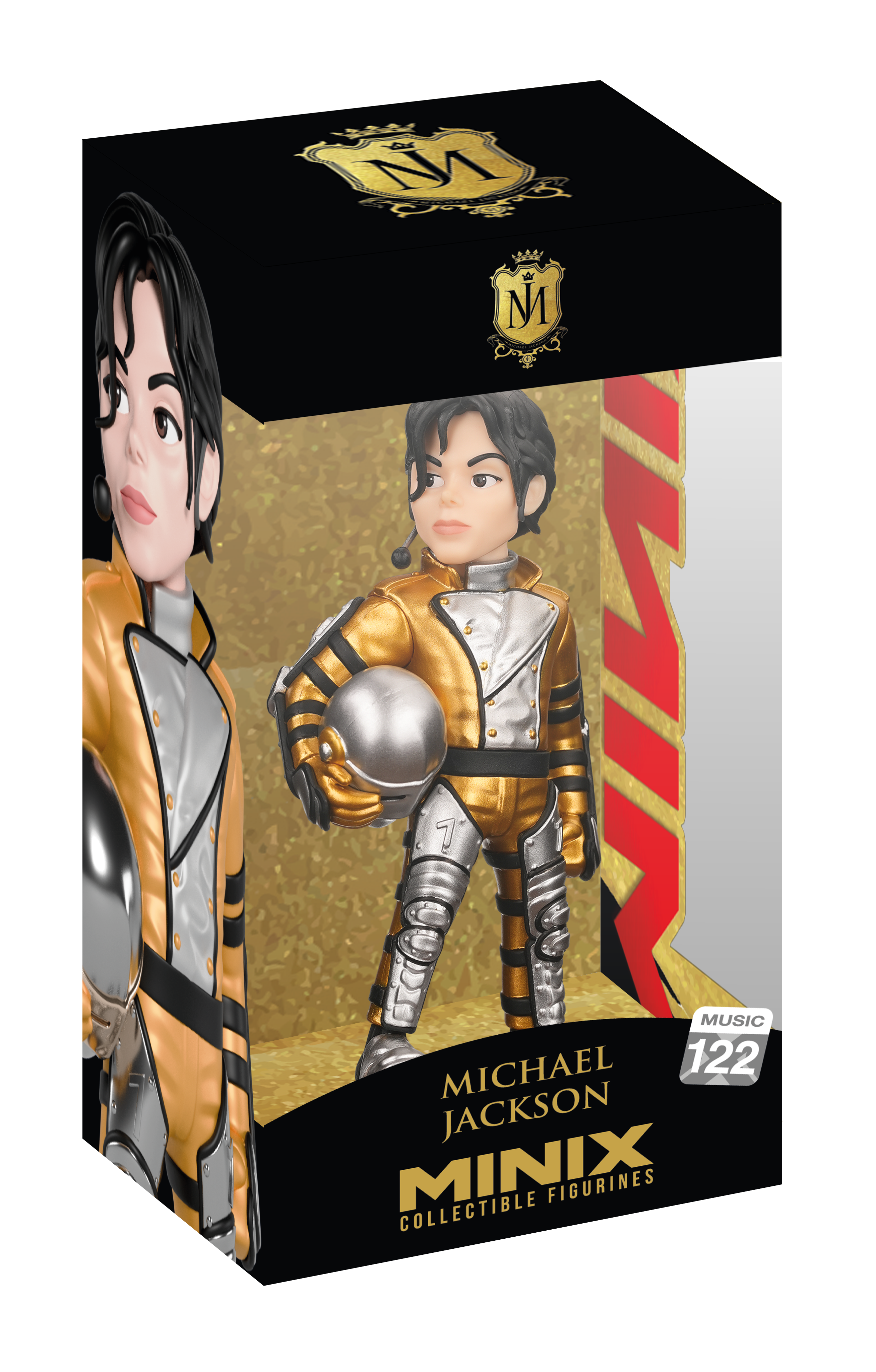 Michael Jackson 'Minix' collectible figurines box, featuring a gold and silver metallic-themed packaging design with a portrait of Michael Jackson on the left side and a stylized figure visible through the window.