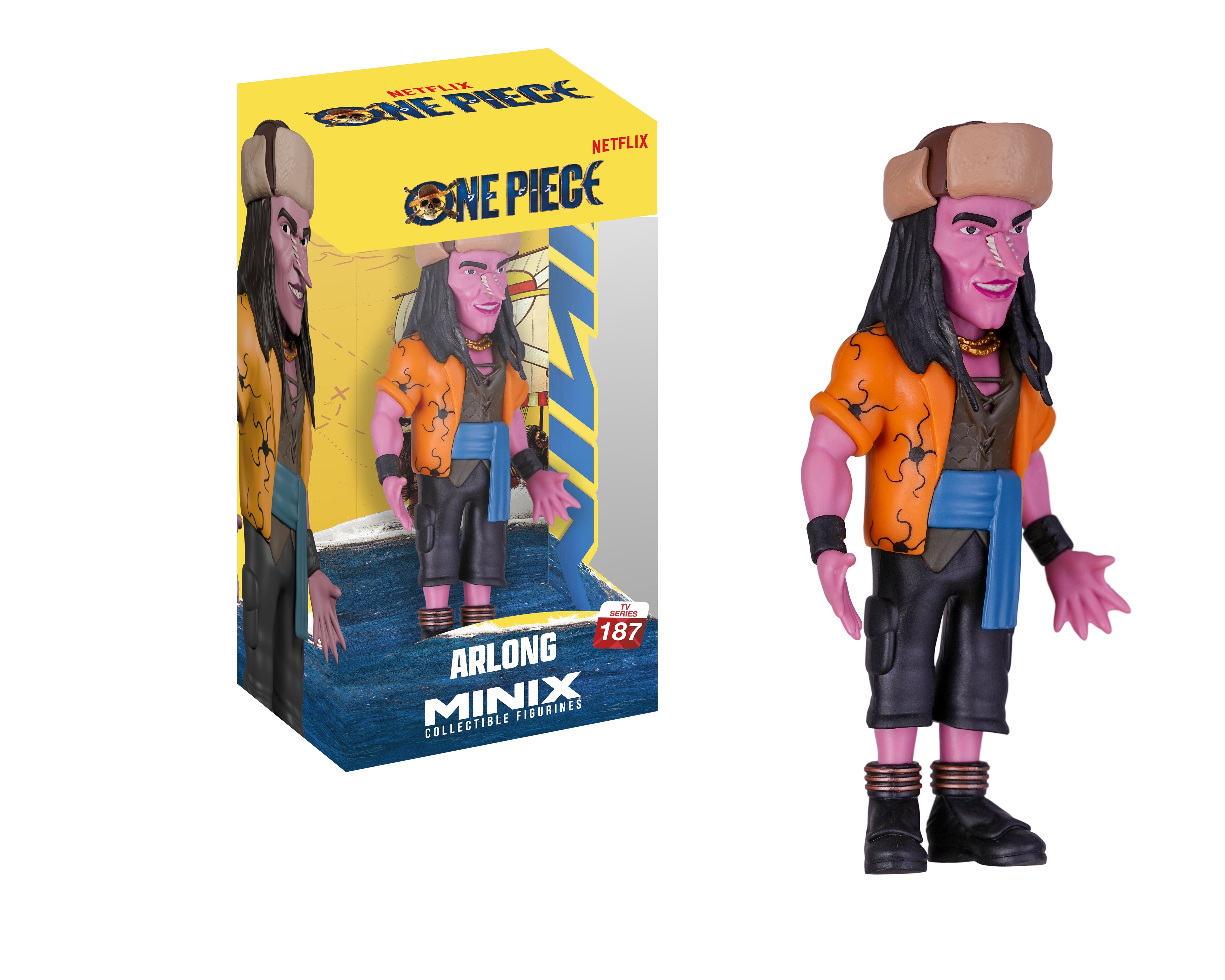 A One Piece Minix Collectible Figures action figure of Arlong alongside its original packaging box, shown on a clean white background.