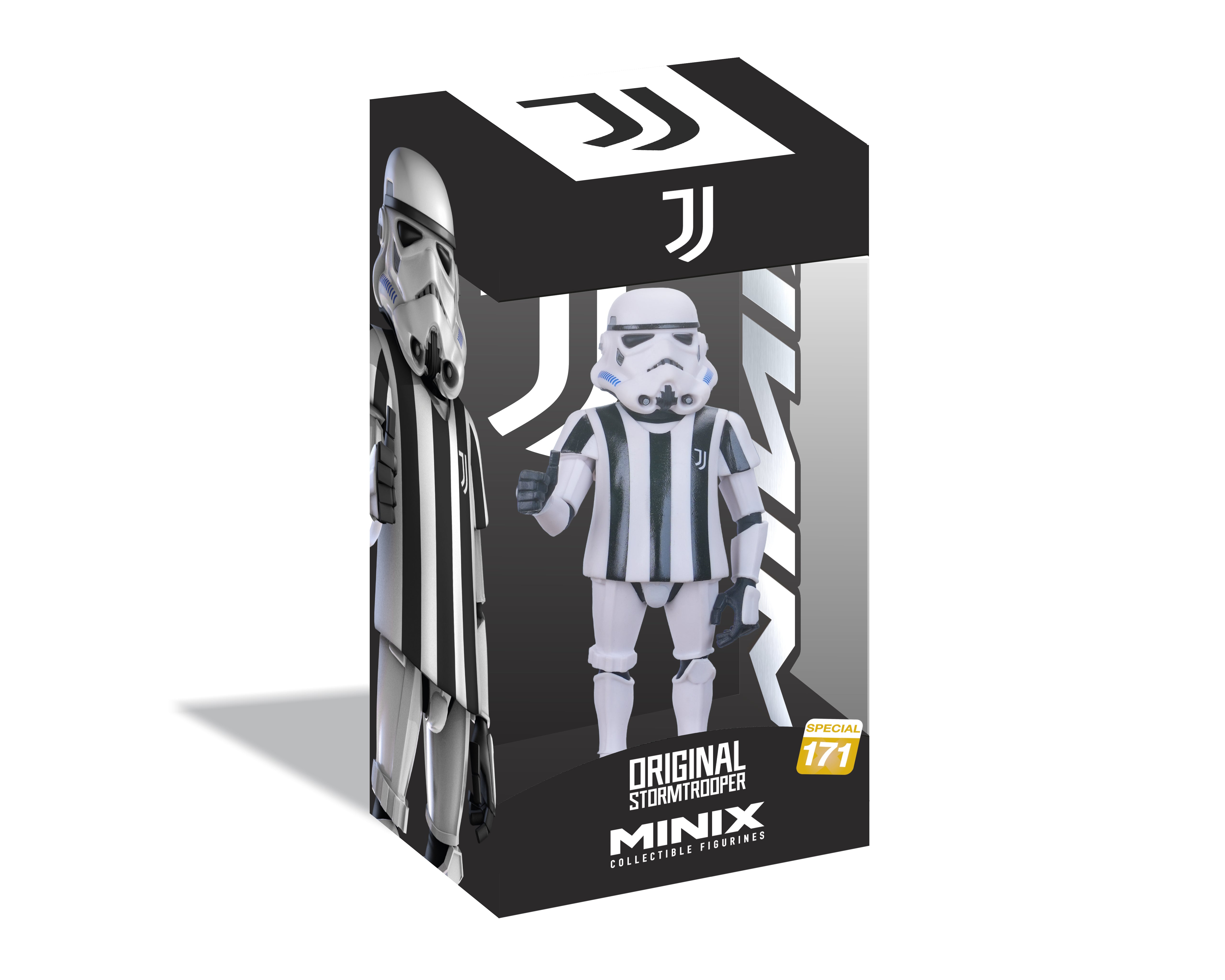 A boxed collectible figure of a Stormtrooper wearing a black-and-white striped Juventus jersey, shown in retail packaging on a white background. The box features the Juventus logo and the Minix brand name.