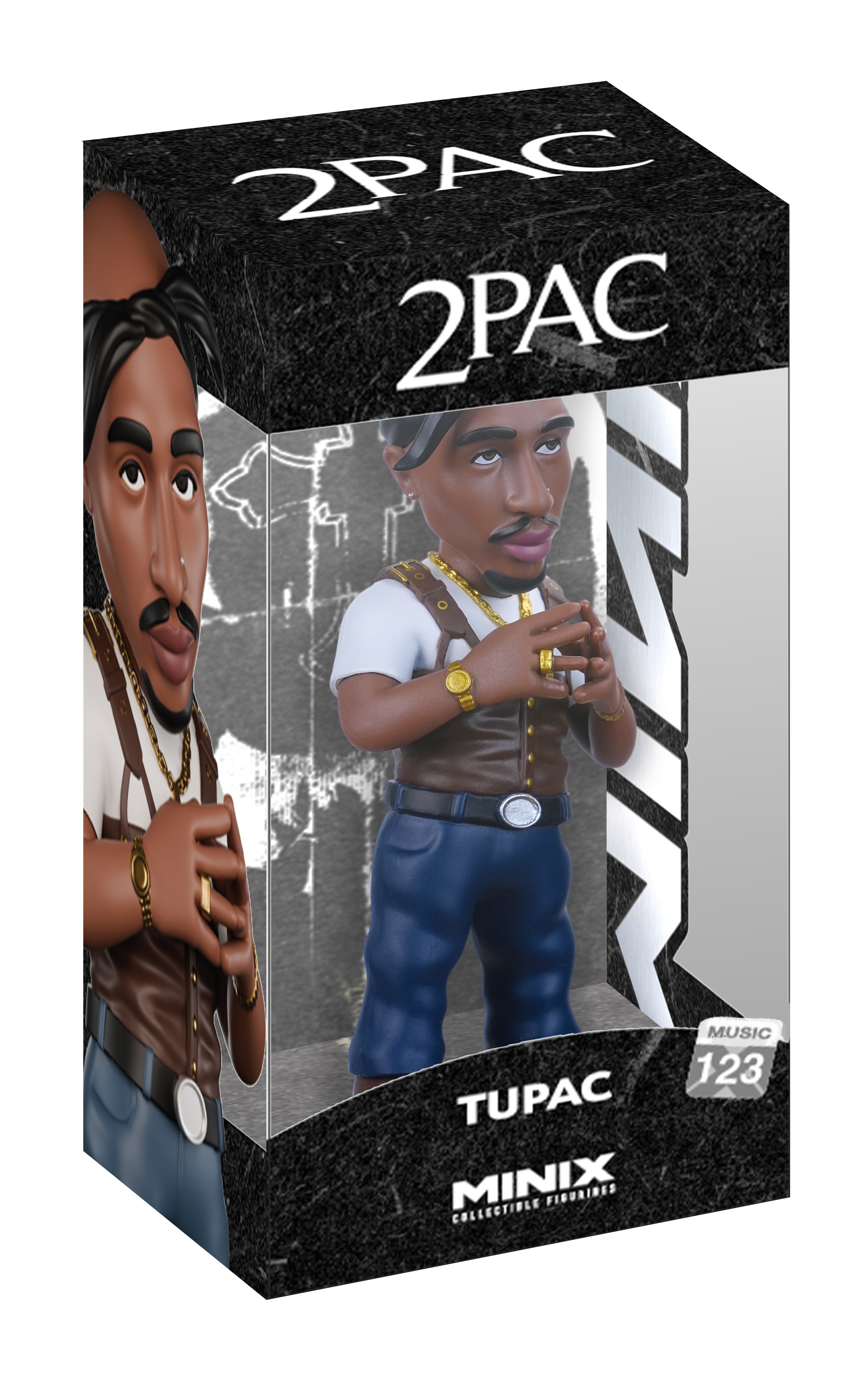 A collectible figurine of Tupac Shakur in a window box display package by Minix Collectibles Collectibles. The box is black with white graphics, featuring a detailed illustration of Tupac on the left and the full figurine visible through the clear plastic window.