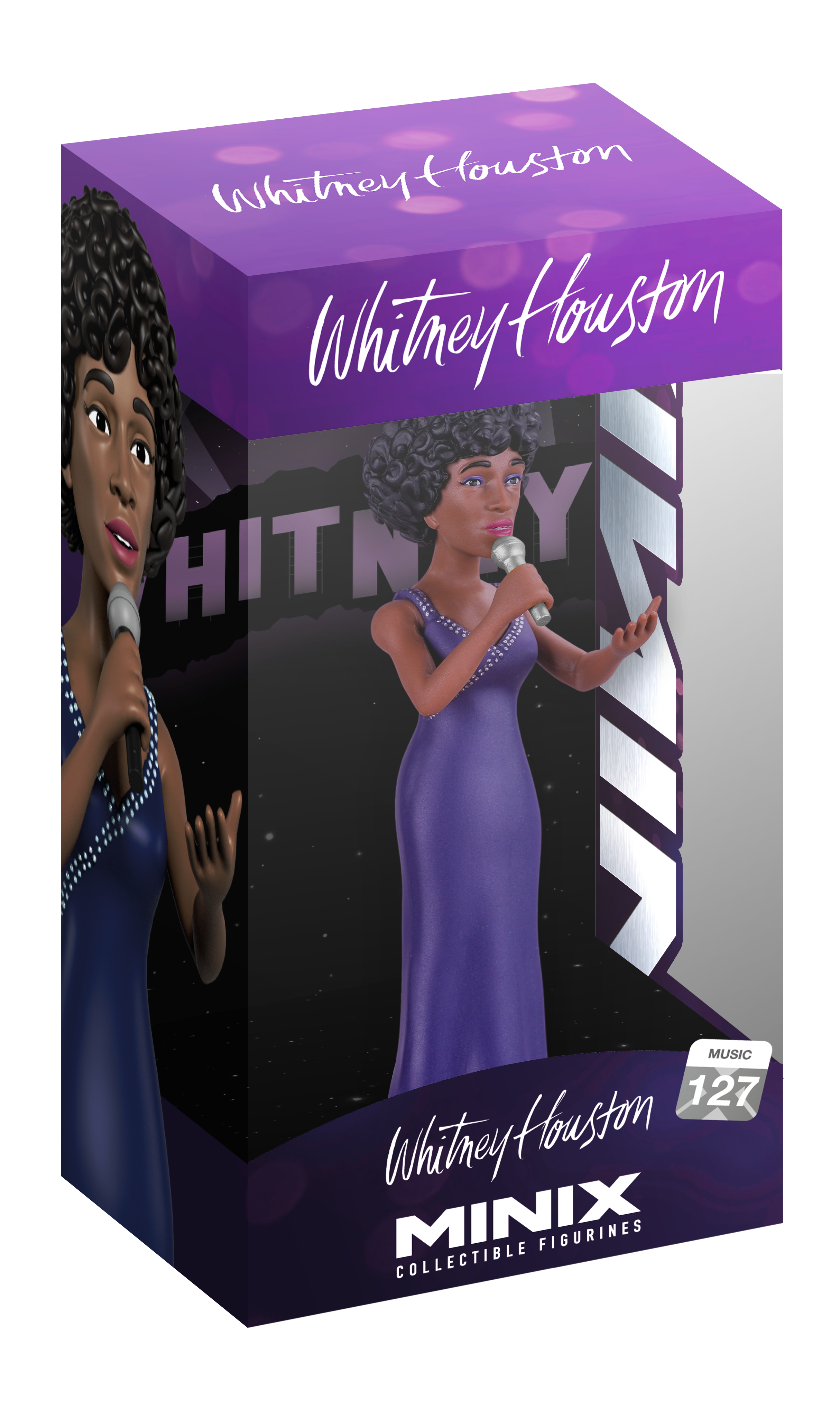 Whitney Houston collectible figurine box by Minix, featuring a purple and black design with a photo of Whitney Houston and the text 'Whitney Houston' and 'MINIX Collectible Figurines'.